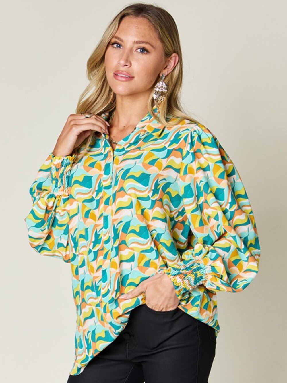 Double Take Full Size Printed Smocked Long Sleeve Blouse NWT Size S